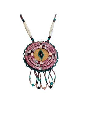 Vtg Native Lakota Quillwork Dyed Porcupine Quill & Bead Medallion Necklace